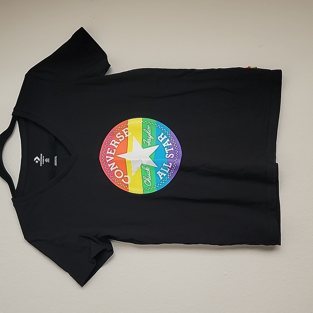 Women's V-neck Black Rainbow Converse All Star T-shirt Size Small